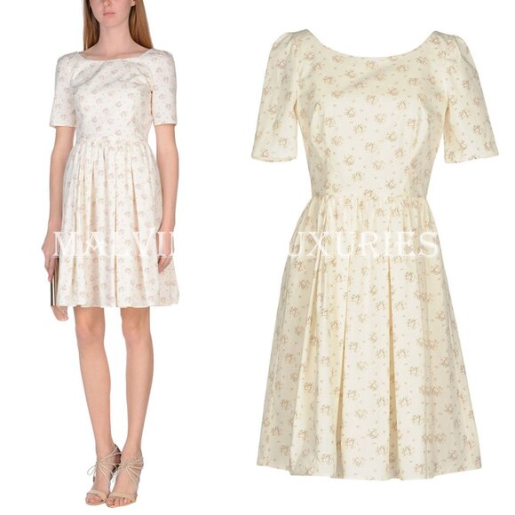 DOLCE & GABBANA DRESS IVORY PRINT FLARED SKIRT SHORT SLEEVE sz IT 42 US 6 - Picture 1 of 7